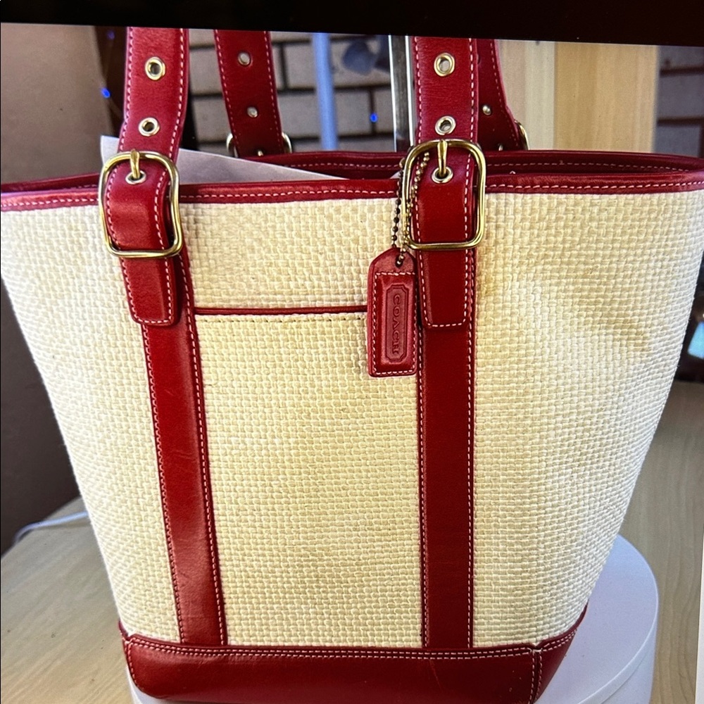 Coach Red and Cream Woven Tote